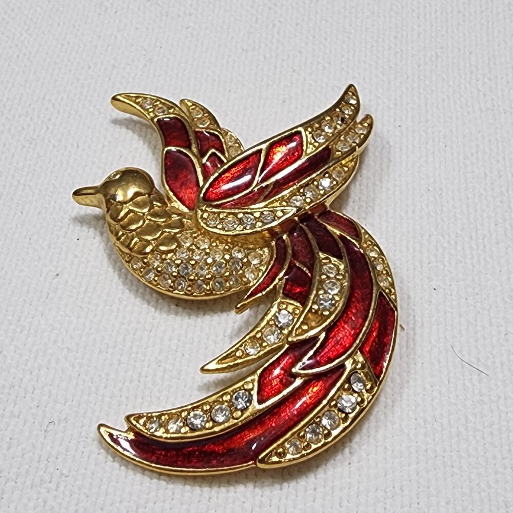 Bird Of Paradise Phoenix Brooch Soaring Posture Rhinestone GoldTone Giorgio 1980